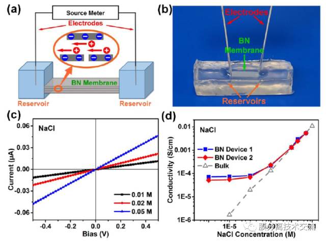a)BN導管和測試裝置的示意圖;b)BN導管置于聚二甲基硅氧烷中;c)在NaCl濃度為0.01,0.02,0.05M下的I-V曲線;d)BN導管裝置和PH7溶液中的離子電導率和NaCl濃度函數 a)BN導管和測試裝置的示意圖;b)BN導管置于聚二甲基硅氧烷中;c)在NaCl濃度為0.01,0.02,0.05M下的I-V曲線;d)BN導管裝置和PH7溶液中的離子電導率和NaCl濃度函數