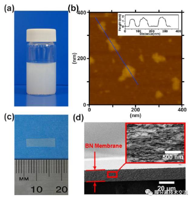 a)數層BN膠體溶液;b)BN納米片的AFM圖像;c)一片15mm×4尺寸的無支撐BN膜;d)BN膜的斷面SEM圖像 a)數層BN膠體溶液;b)BN納米片的AFM圖像;c)一片15mm×4尺寸的無支撐BN膜;d)BN膜的斷面SEM圖像